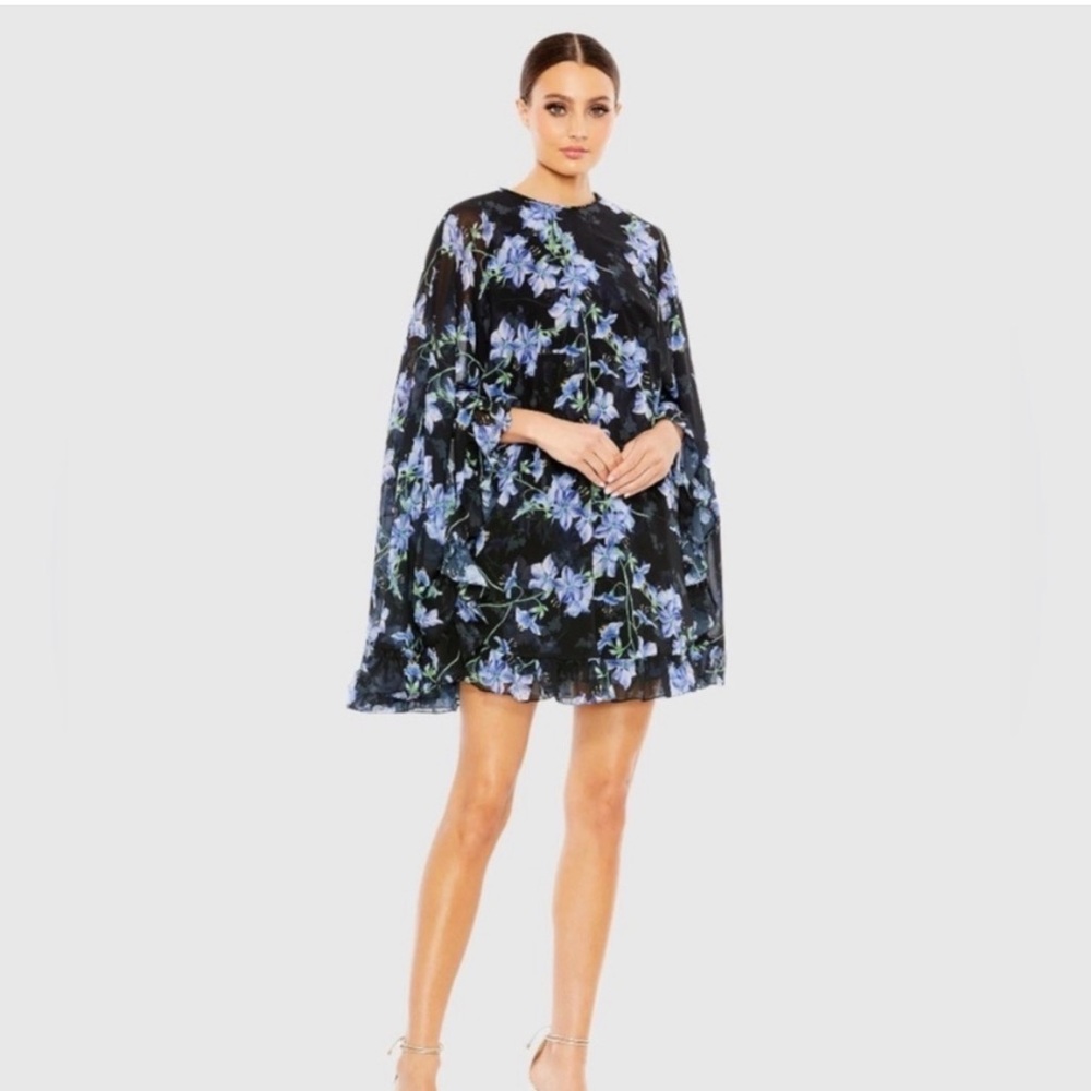 Mac Duggal High Neck Ruffle Hem Cape Sleeve Chiffon Mini Dress Size 8